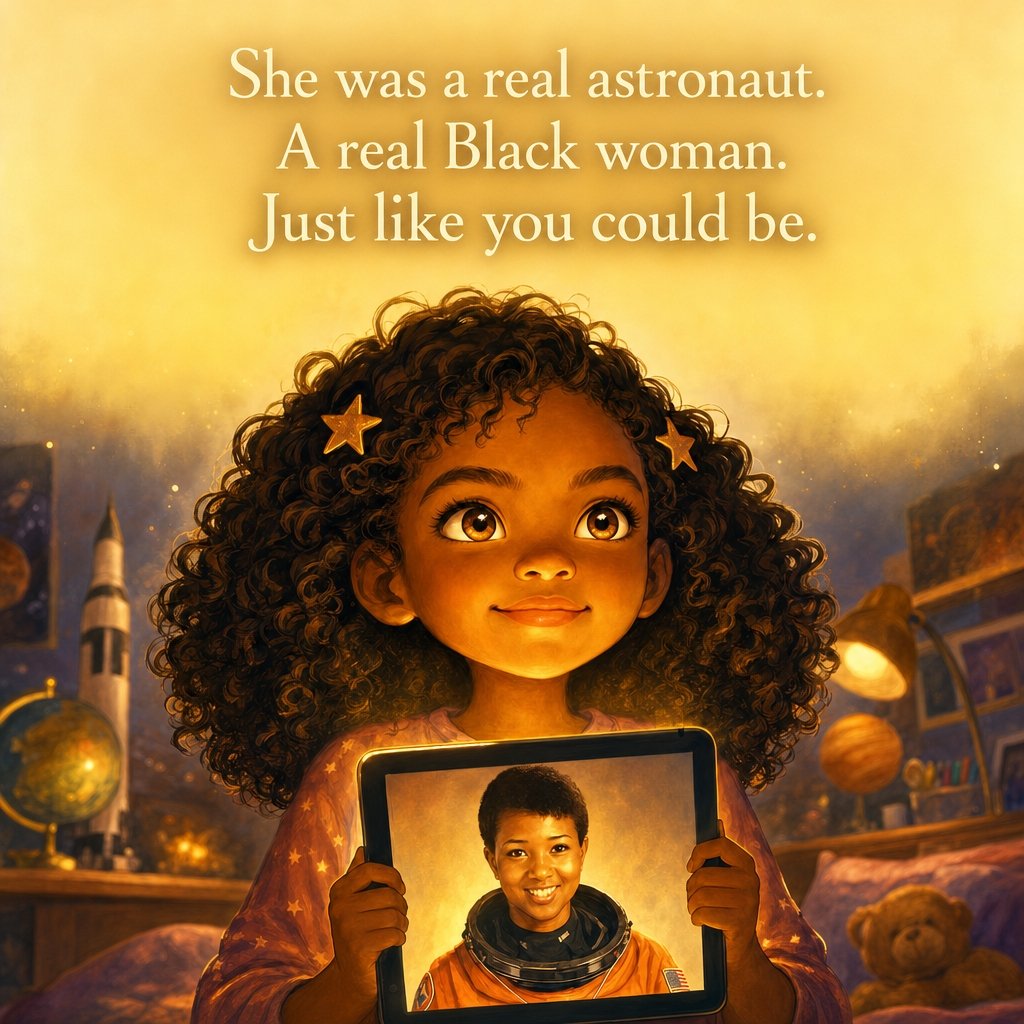 Luna holding a tablet showing astronaut Mae Jemison, eyes full of wonder and fire