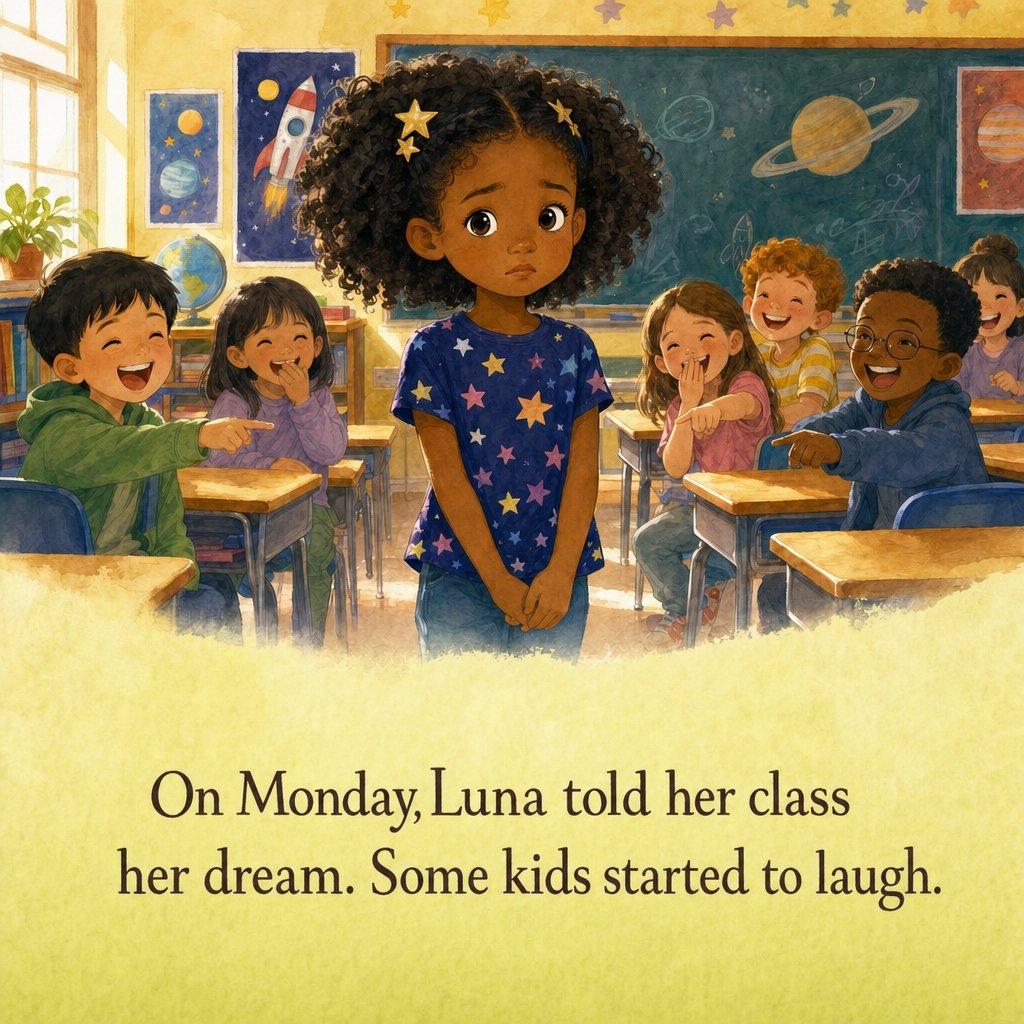 Luna standing bravely in front of the class while some classmates laugh