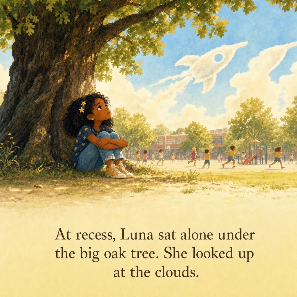 Luna sitting alone under a big oak tree, gazing at a rocket-shaped cloud